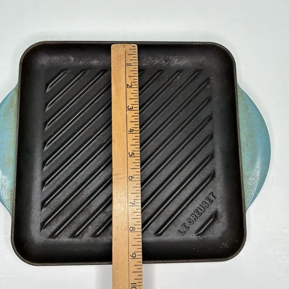 Le Creuset Blue Enameled Square Handle Cast Iron Grill Griddle Pan #24 Pre-owned